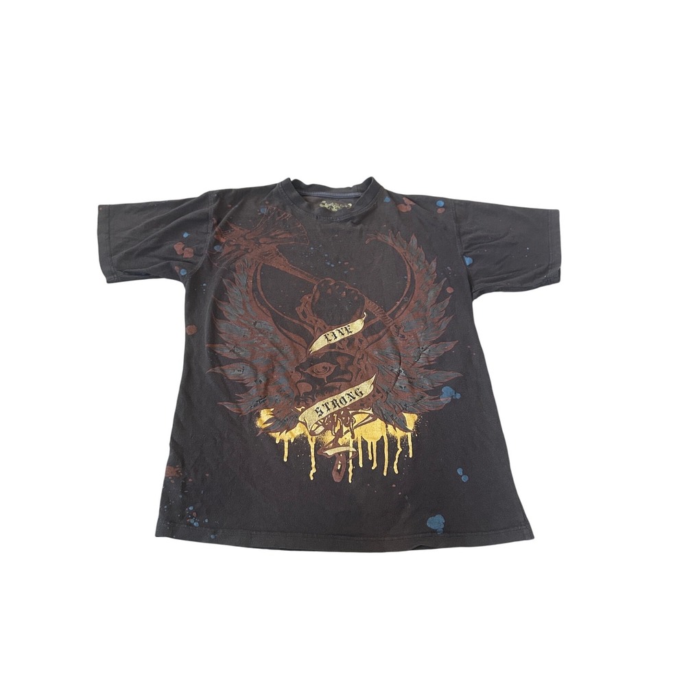 Live Strong Graphic T-Shirt Black Eagle Skull Paint Splatter Grunge Mens L